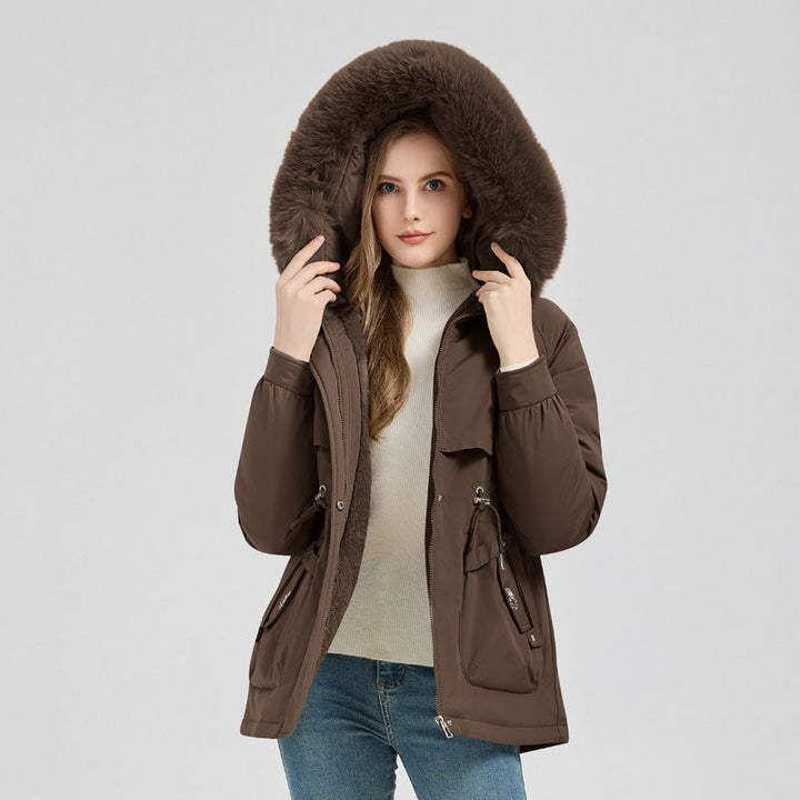 Manteau court avec large capuche et col en fausse fourrure - Lareen