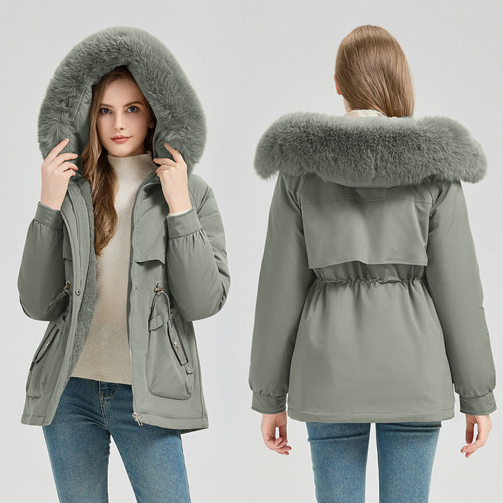 Manteau court avec large capuche et col en fausse fourrure - Lareen