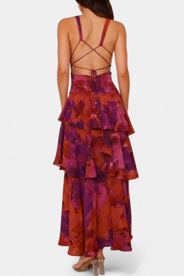 Robe longue en mousseline de soie à col en V pour femme - Domenica