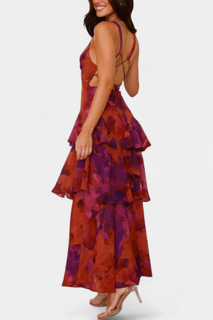 Robe longue en mousseline de soie à col en V pour femme - Domenica