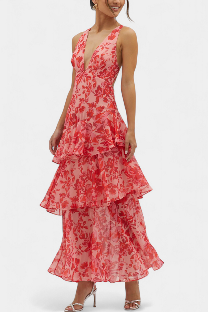 Robe longue en mousseline de soie à col en V pour femme - Domenica