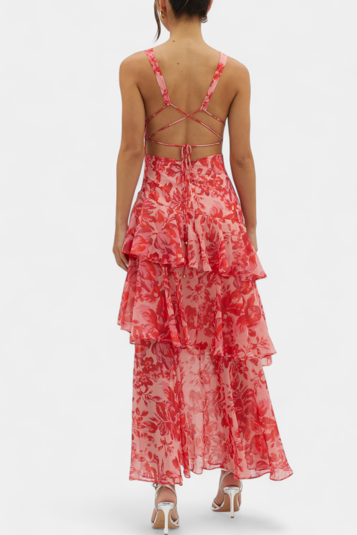 Robe longue en mousseline de soie à col en V pour femme - Domenica