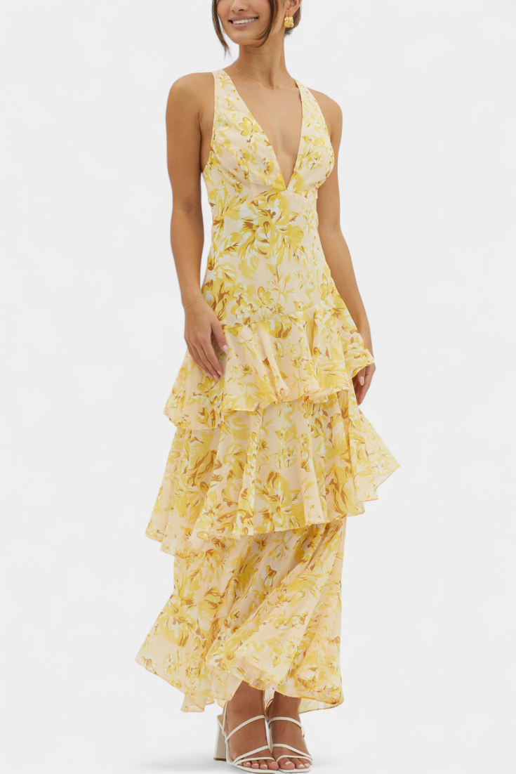 Robe longue en mousseline de soie à col en V pour femme - Domenica