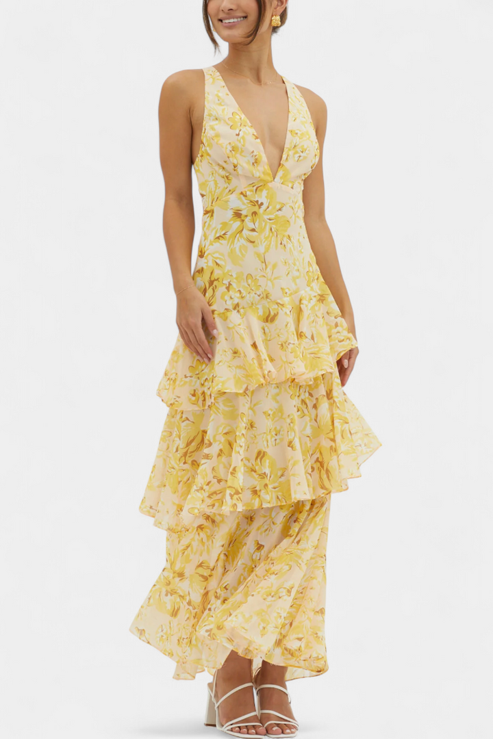 Robe longue en mousseline de soie à col en V pour femme - Domenica
