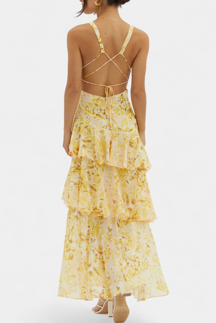Robe longue en mousseline de soie à col en V pour femme - Domenica