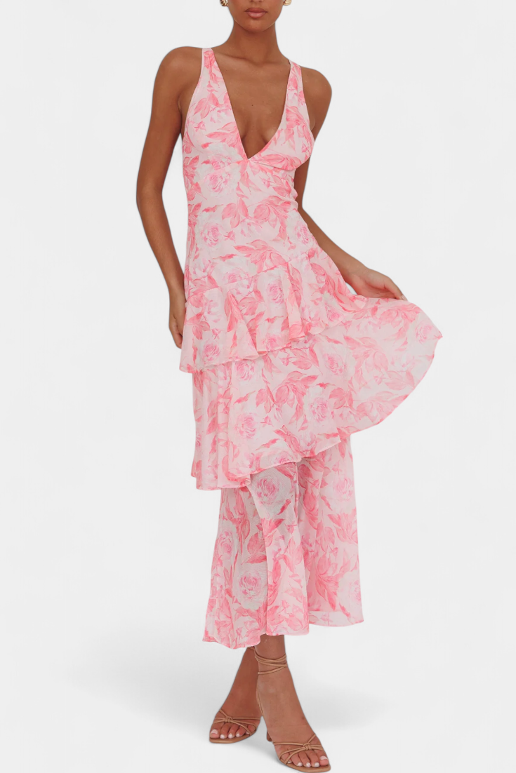 Robe longue en mousseline de soie à col en V pour femme - Domenica