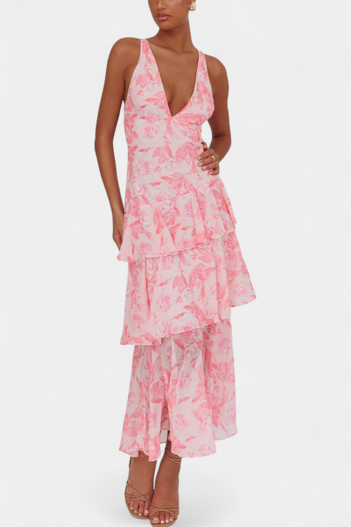 Robe longue en mousseline de soie à col en V pour femme - Domenica