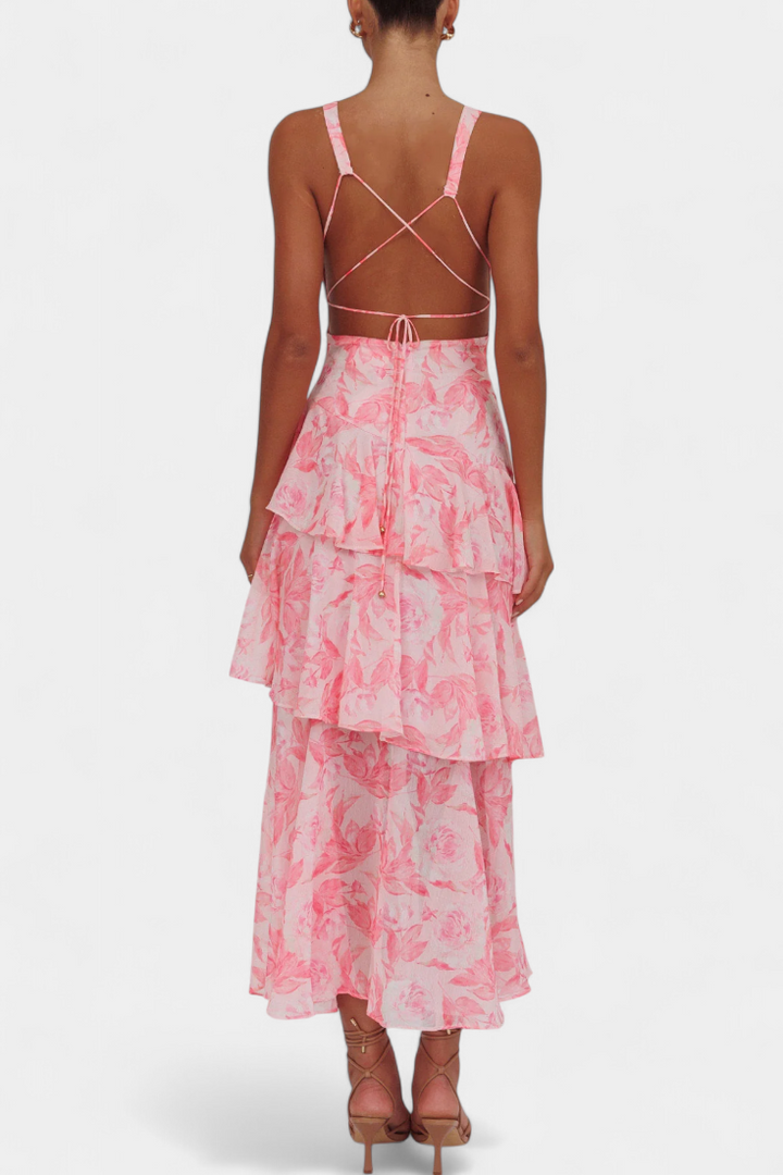 Robe longue en mousseline de soie à col en V pour femme - Domenica