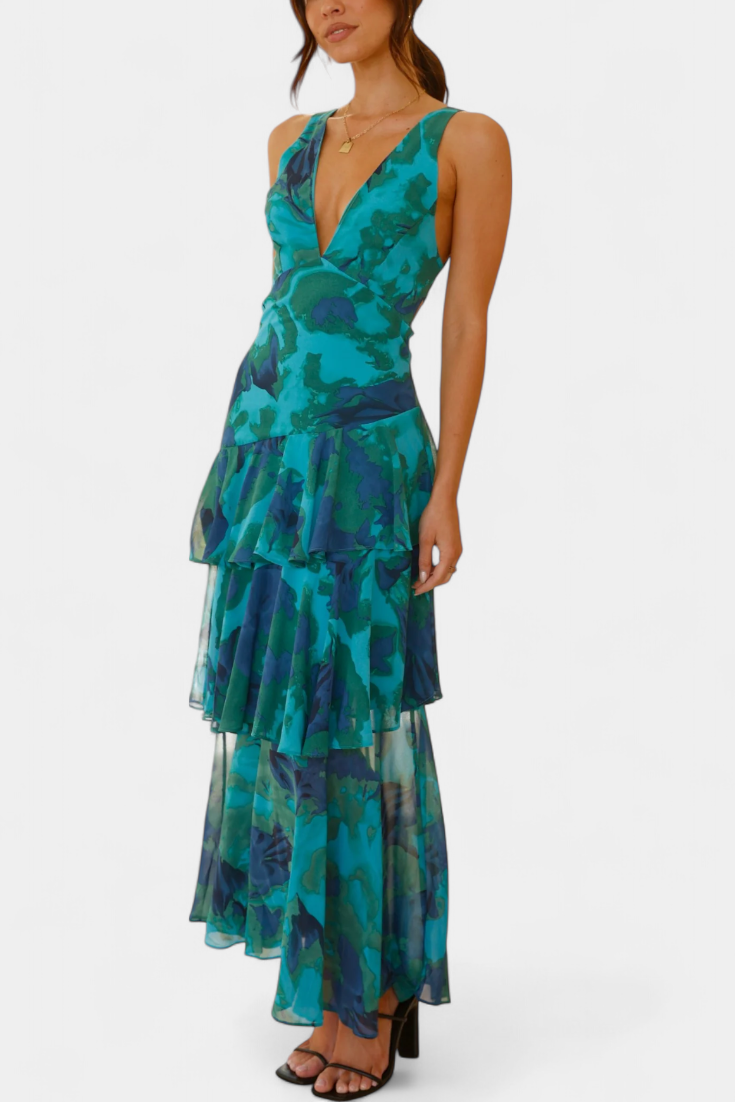 Robe longue en mousseline de soie à col en V pour femme - Domenica
