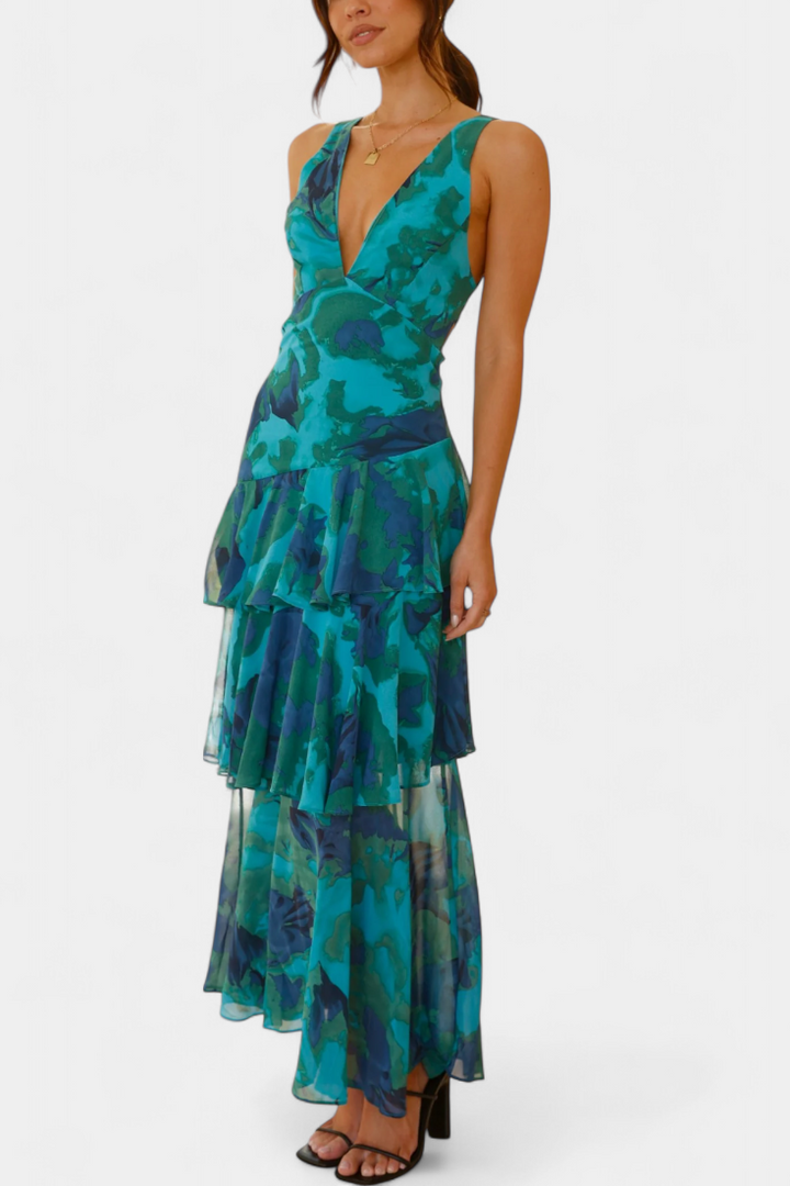 Robe longue en mousseline de soie à col en V pour femme - Domenica