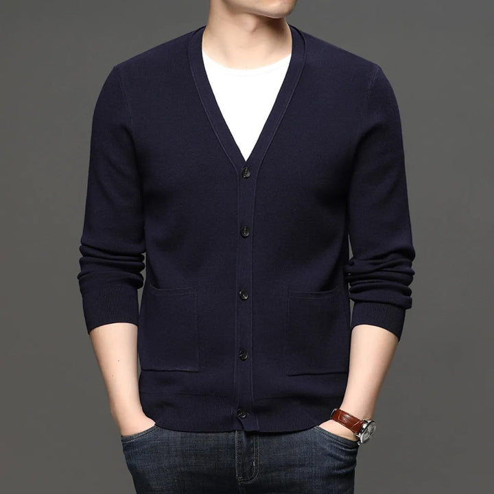 Cardigan en maille fine pour hommes, coupe ajustée, style basique - Theo