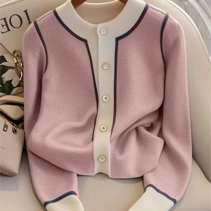 Cardigan femme élégant col rond finement tricoté et contrasté - Elina