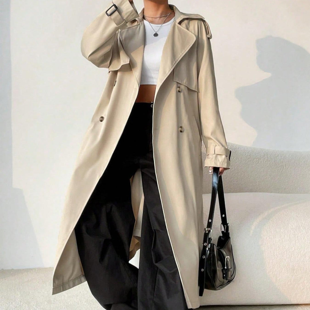 Trench long pour femme avec revers double poitrine et ceinture réglable - Maelis