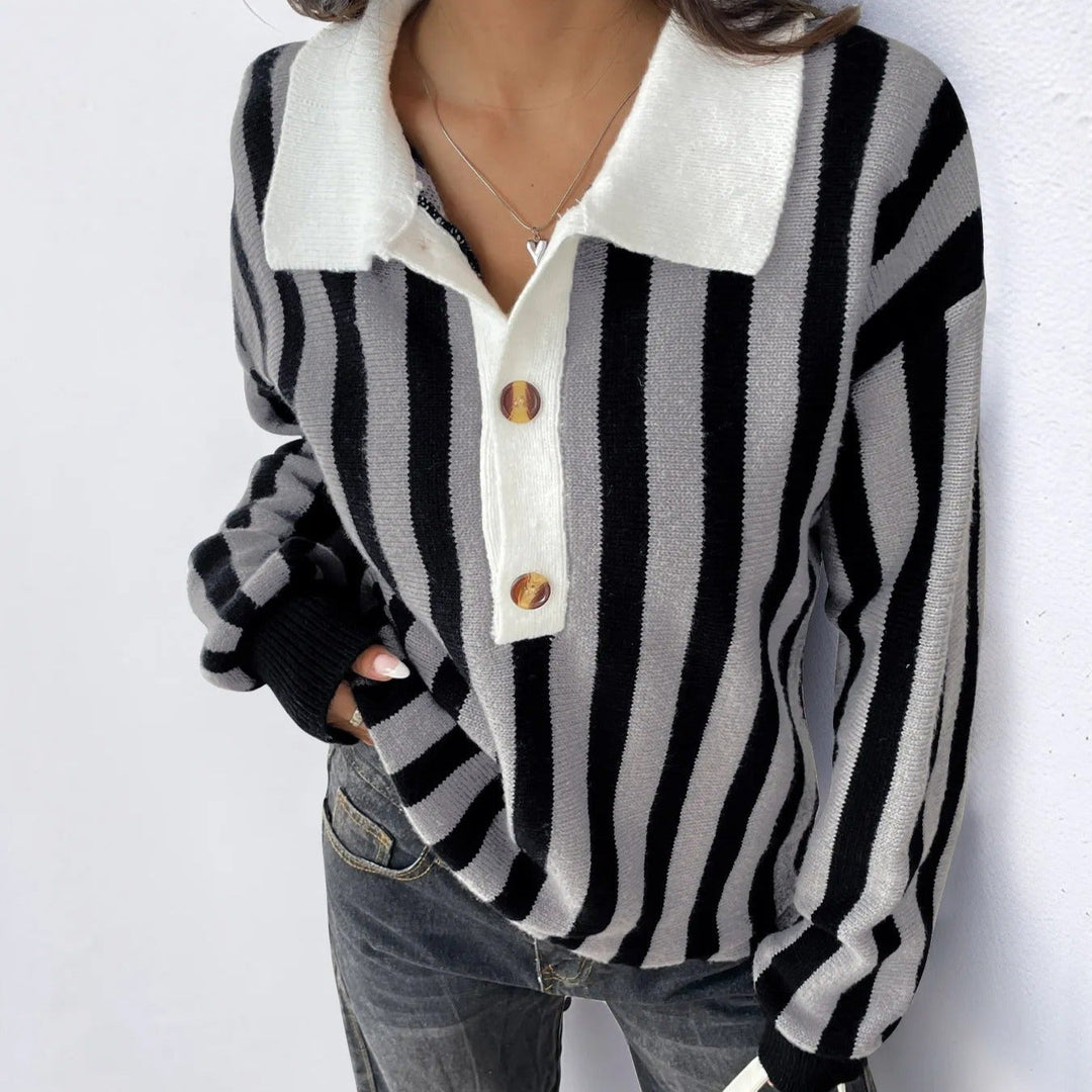 Pull col polo à rayures verticales pour femmes - Mirea