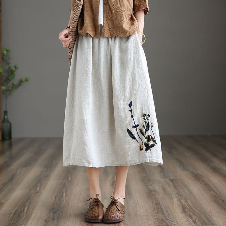 Jupe midi pour femme avec taille élastiquée et broderie florale faite à la main - Amandine