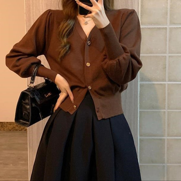 Cardigan femme rétro à col en V et manches bouffantes - Odile