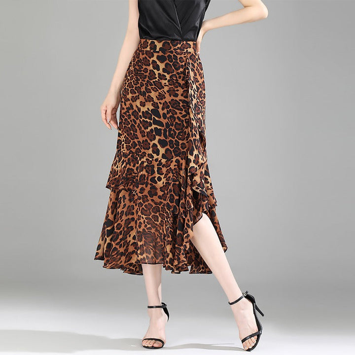 Jupe midi pour femme en mousseline de soie à imprimé animalier avec volants - Renata