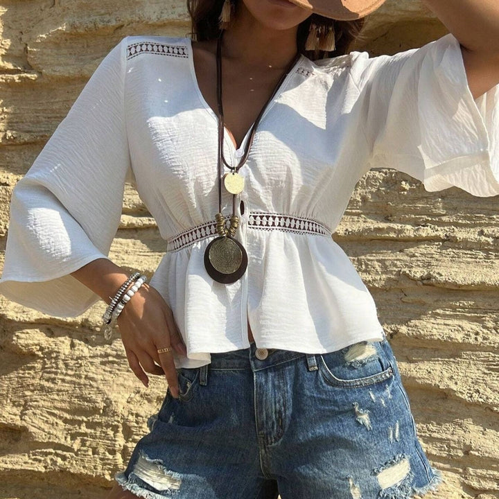 Chemisier à col en V en coton pour femme style bohème - Alicia