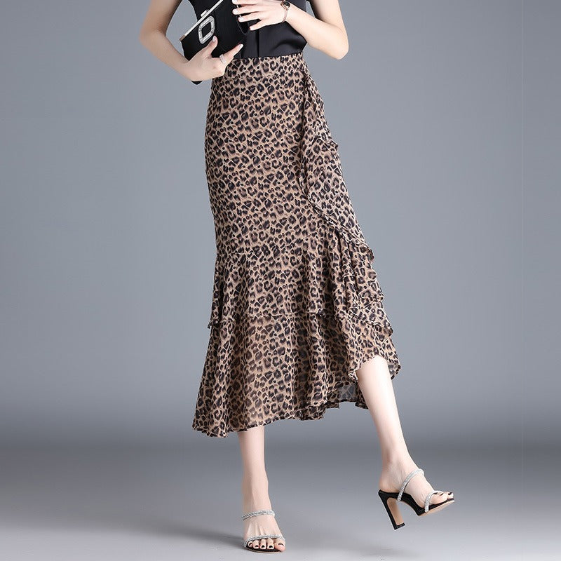 Jupe midi pour femme en mousseline de soie à imprimé animalier avec volants - Renata