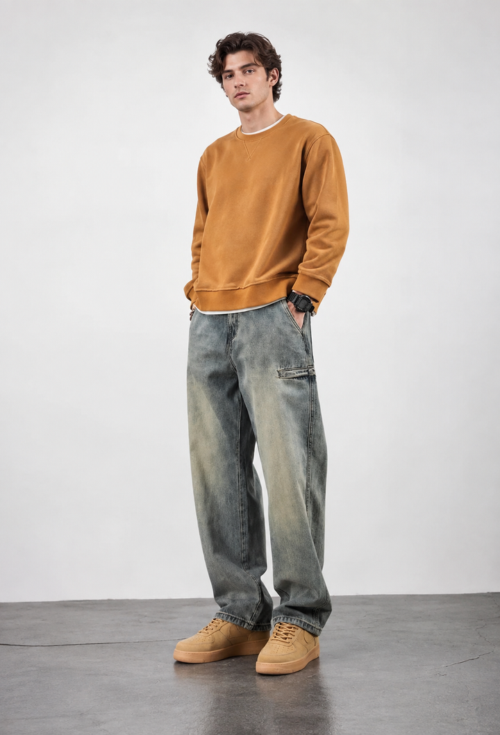 Jean homme coupe ample, effet délavé, coupe droite - Roderik