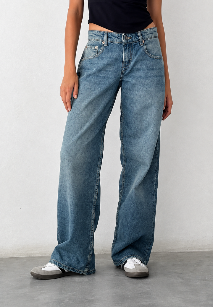 Jean droit taille basse pour femme, effet délavé - Ulla