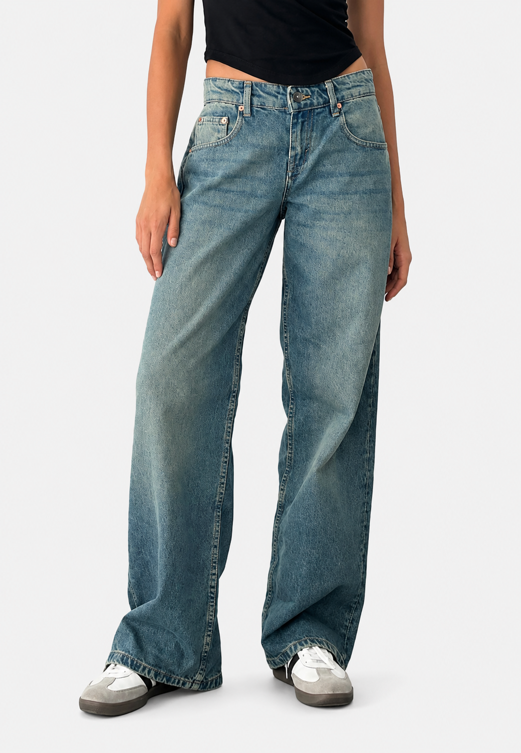 Jean droit taille basse pour femme, effet délavé - Ulla