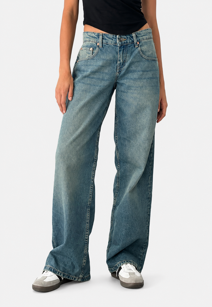 Jean droit taille basse pour femme, effet délavé - Ulla
