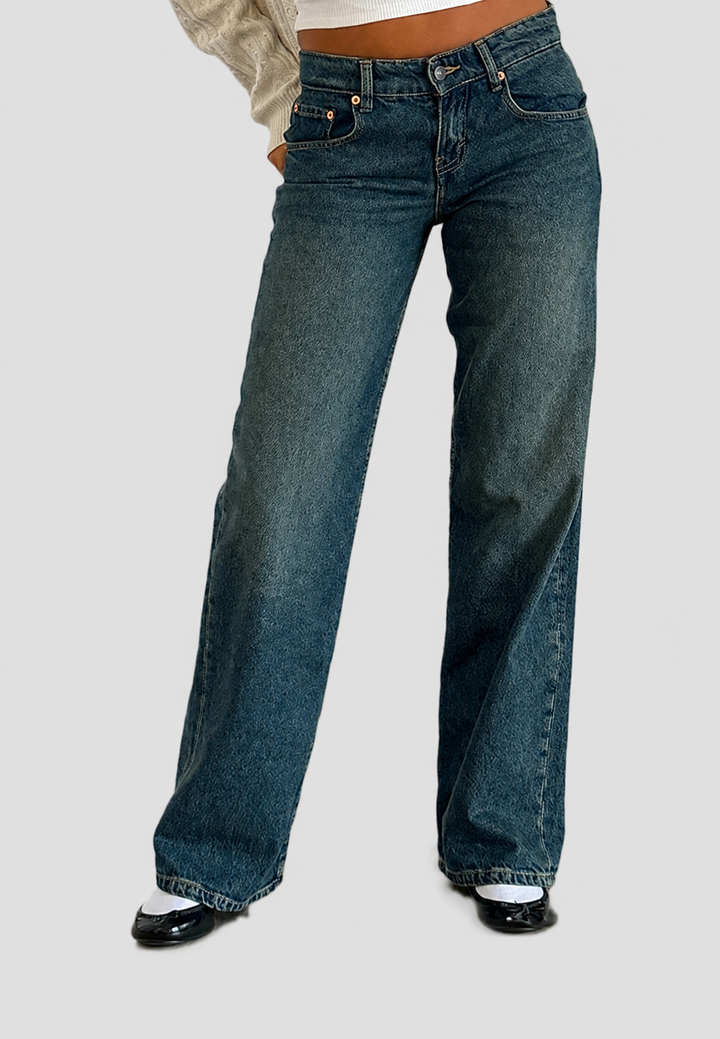 Jean droit taille basse pour femme, effet délavé - Ulla