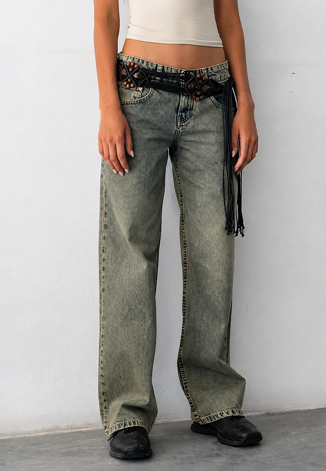 Jean droit taille basse pour femme, effet délavé - Ulla