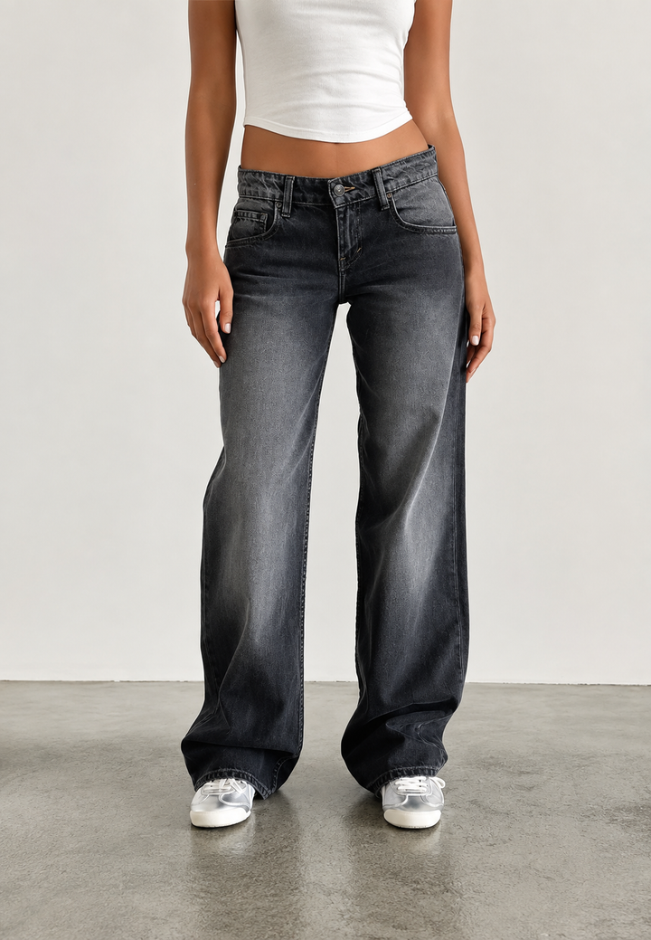 Jean droit taille basse pour femme, effet délavé - Ulla