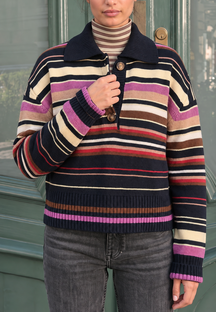 Pull en maille femme rayures multicolores col polo boutons - Tiziana