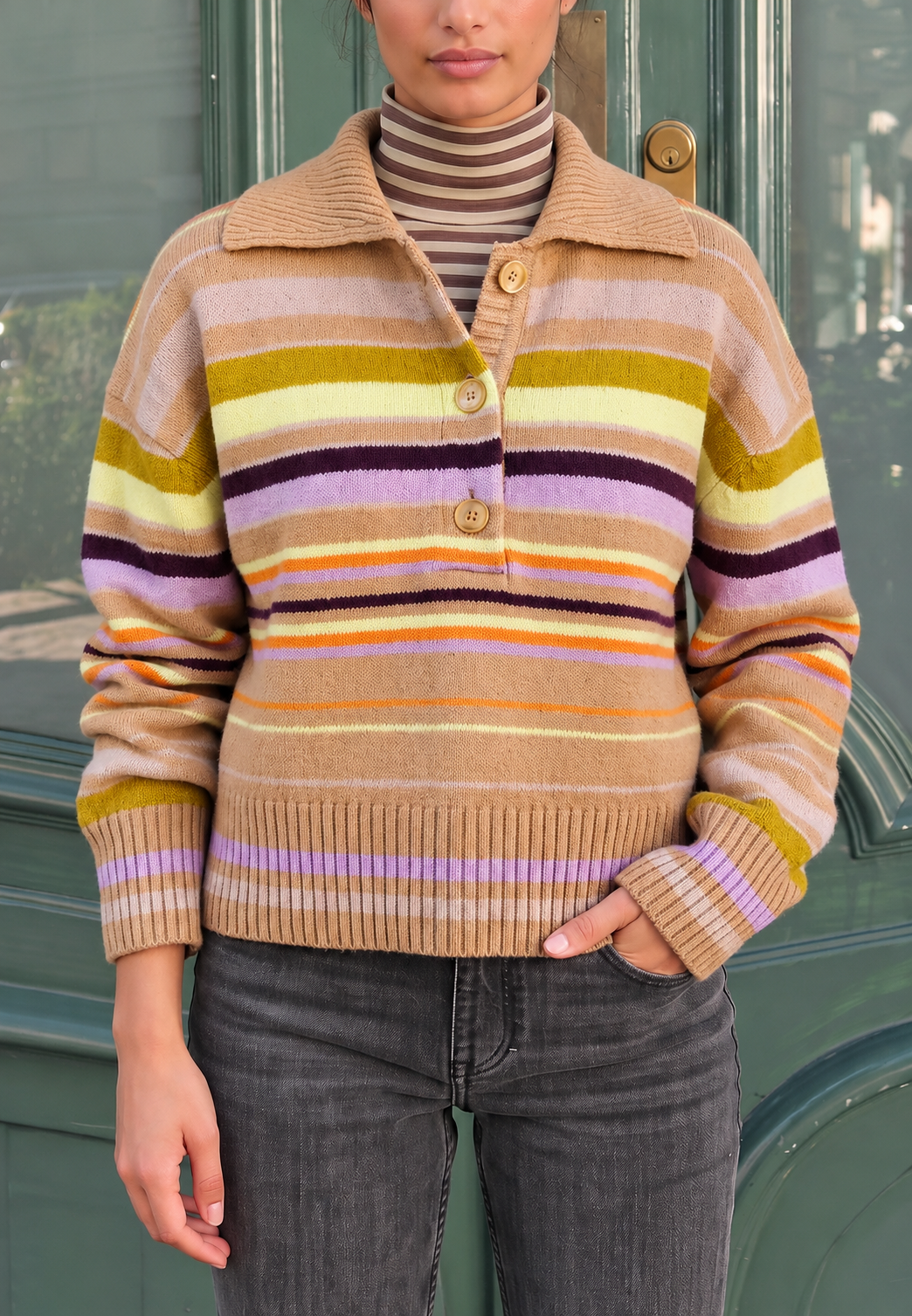 Pull en maille femme rayures multicolores col polo boutons - Tiziana