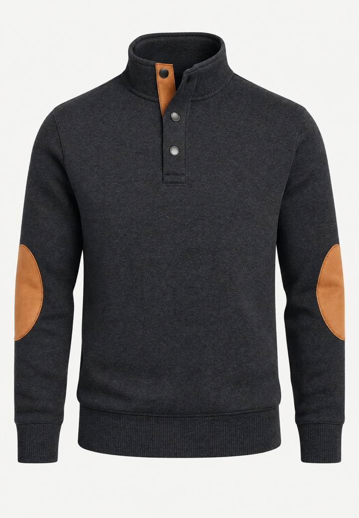 Pull homme à col montant, boutons et coudières contrastées - Thorben