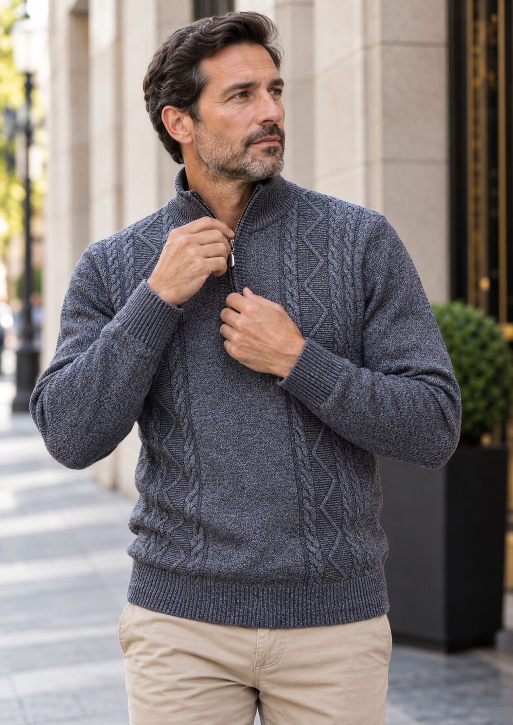 Pull homme col montant demi-zip maille torsadée - Beltrán
