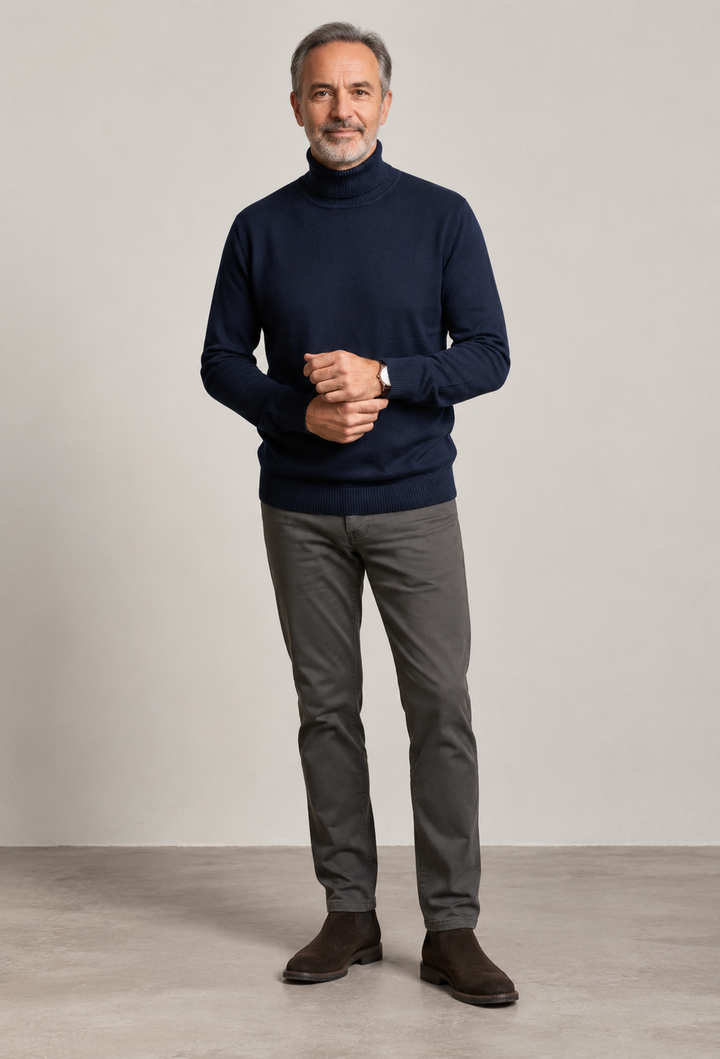 Pull homme à col roulé, maille unie, manches longues - Savio