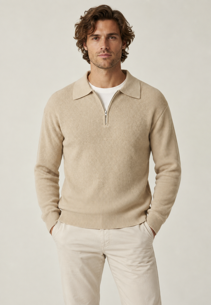 Pull homme à col polo et demi-fermeture éclair, en maille côtelée - Ilan