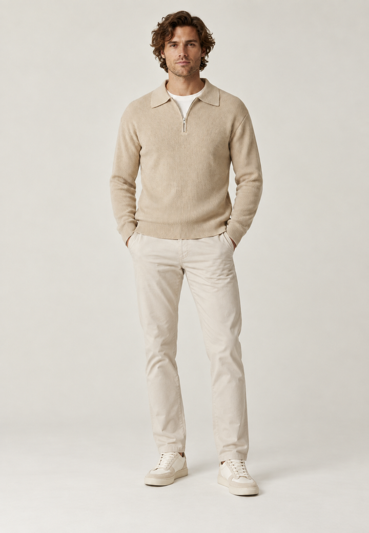 Pull homme à col polo et demi-fermeture éclair, en maille côtelée - Ilan