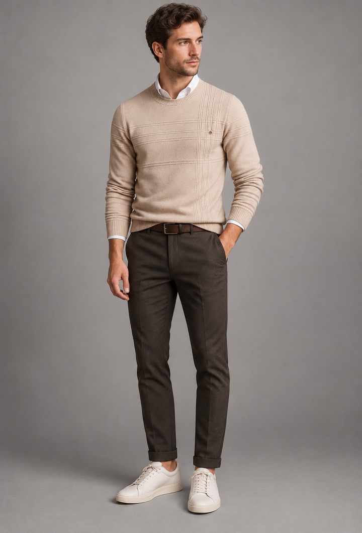 Pull homme à col rond, maille texturée avec lignes en relief - Silas