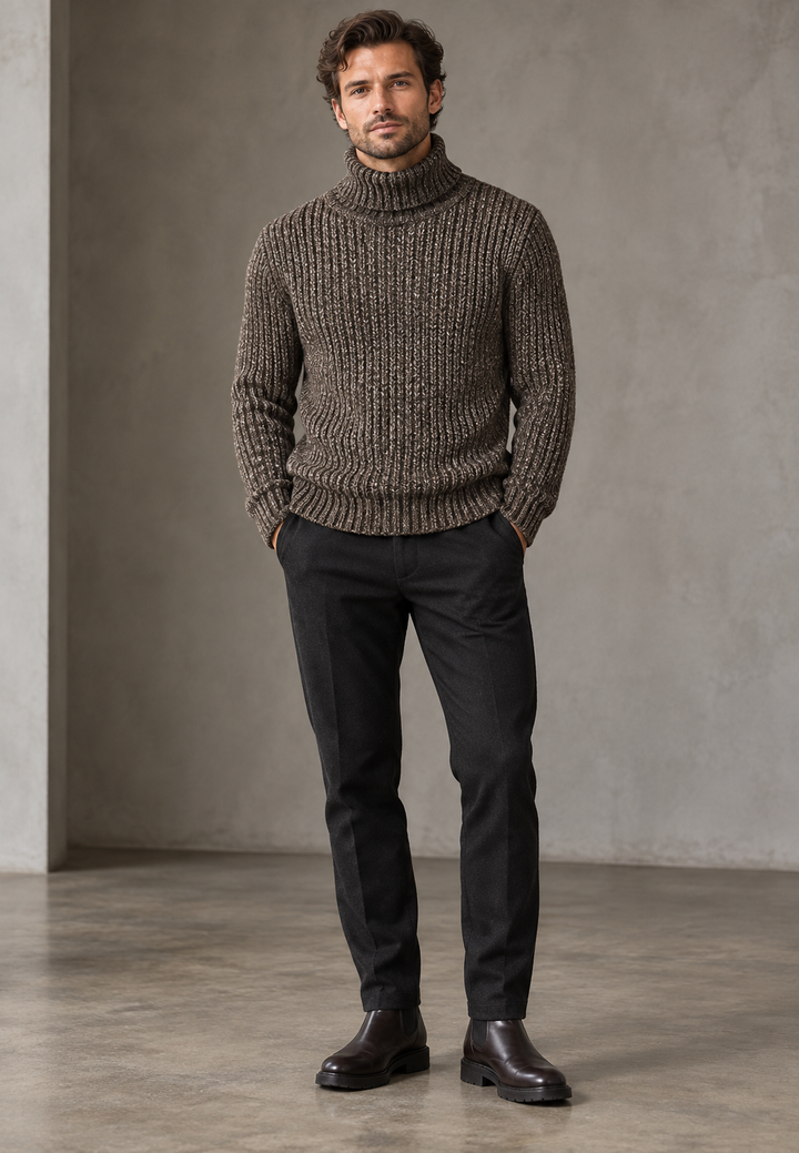 Pull homme à col roulé, maille côtelée à texture marquée - Nereo