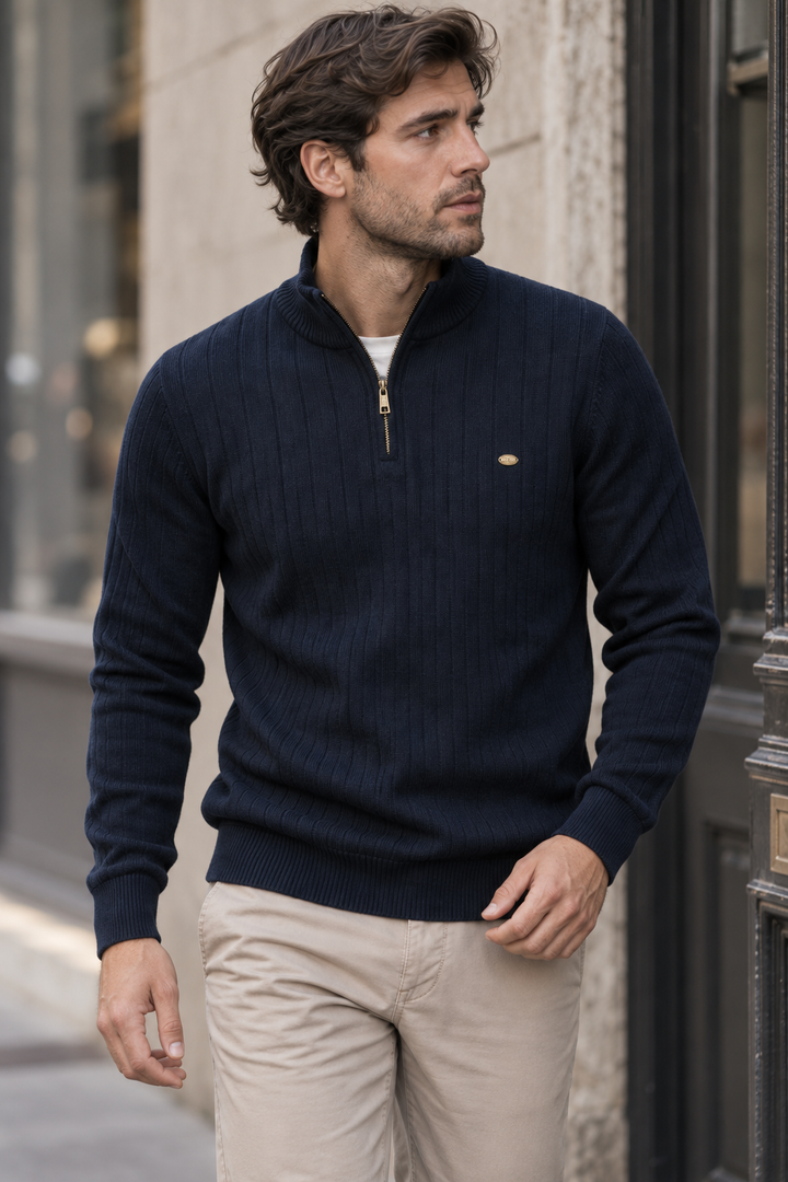 Pull homme à demi-fermeture éclair, col montant et motif côtelé - Mikkel