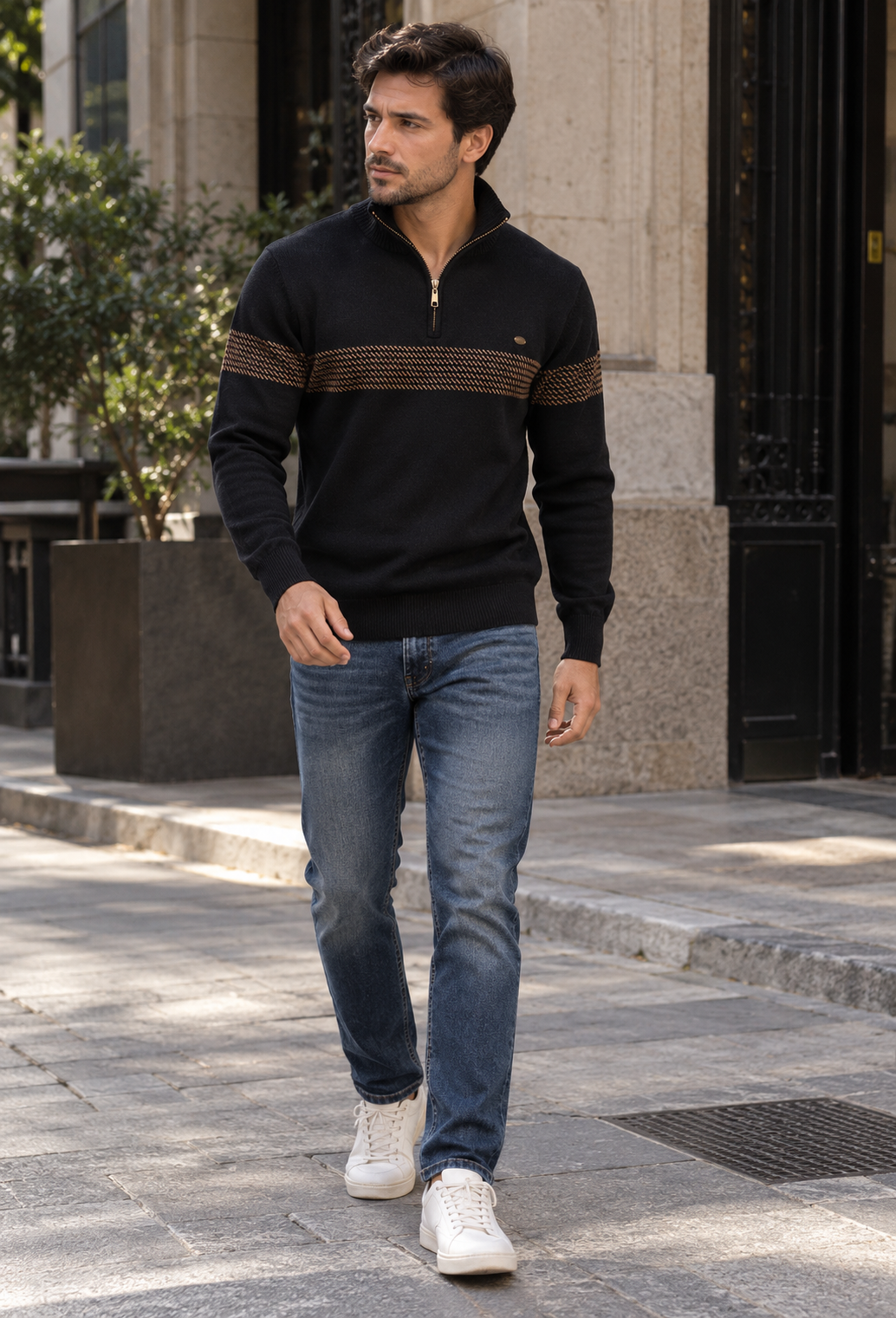 Pull homme à demi-fermeture éclair, col montant et rayures géométriques - Nolan