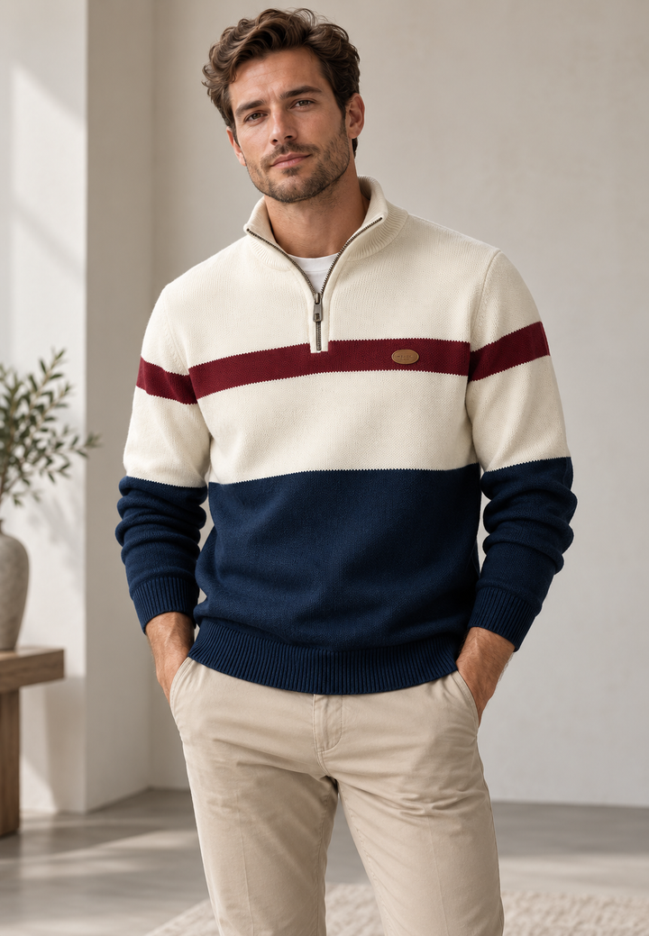 Pull homme à demi-fermeture éclair, col montant et rayures horizontales - Auden