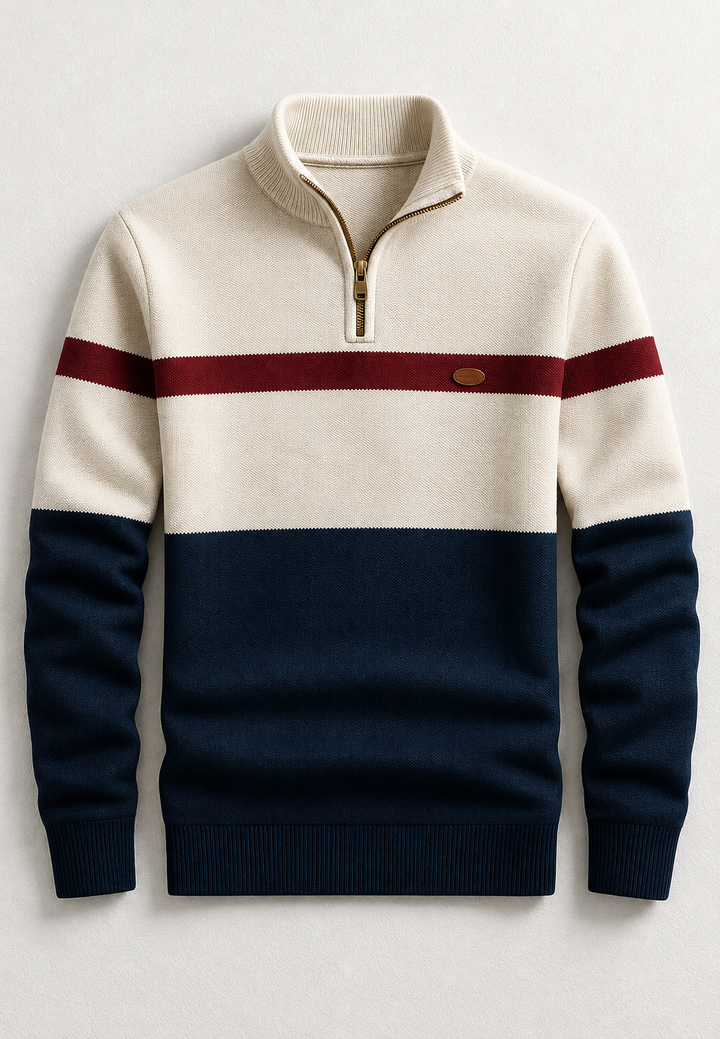 Pull homme à demi-fermeture éclair, col montant et rayures horizontales - Auden
