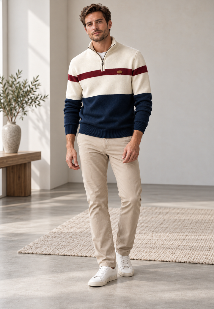 Pull homme à demi-fermeture éclair, col montant et rayures horizontales - Auden