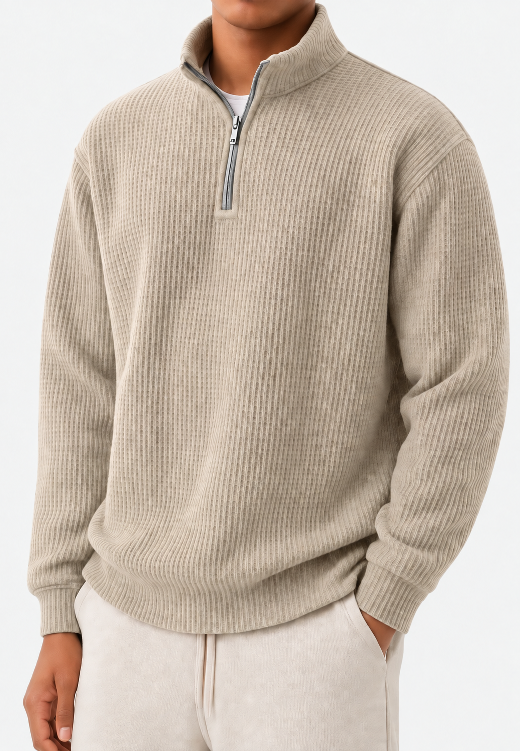 Pull homme à demi-fermeture éclair, col montant et maille côtelée - Elio