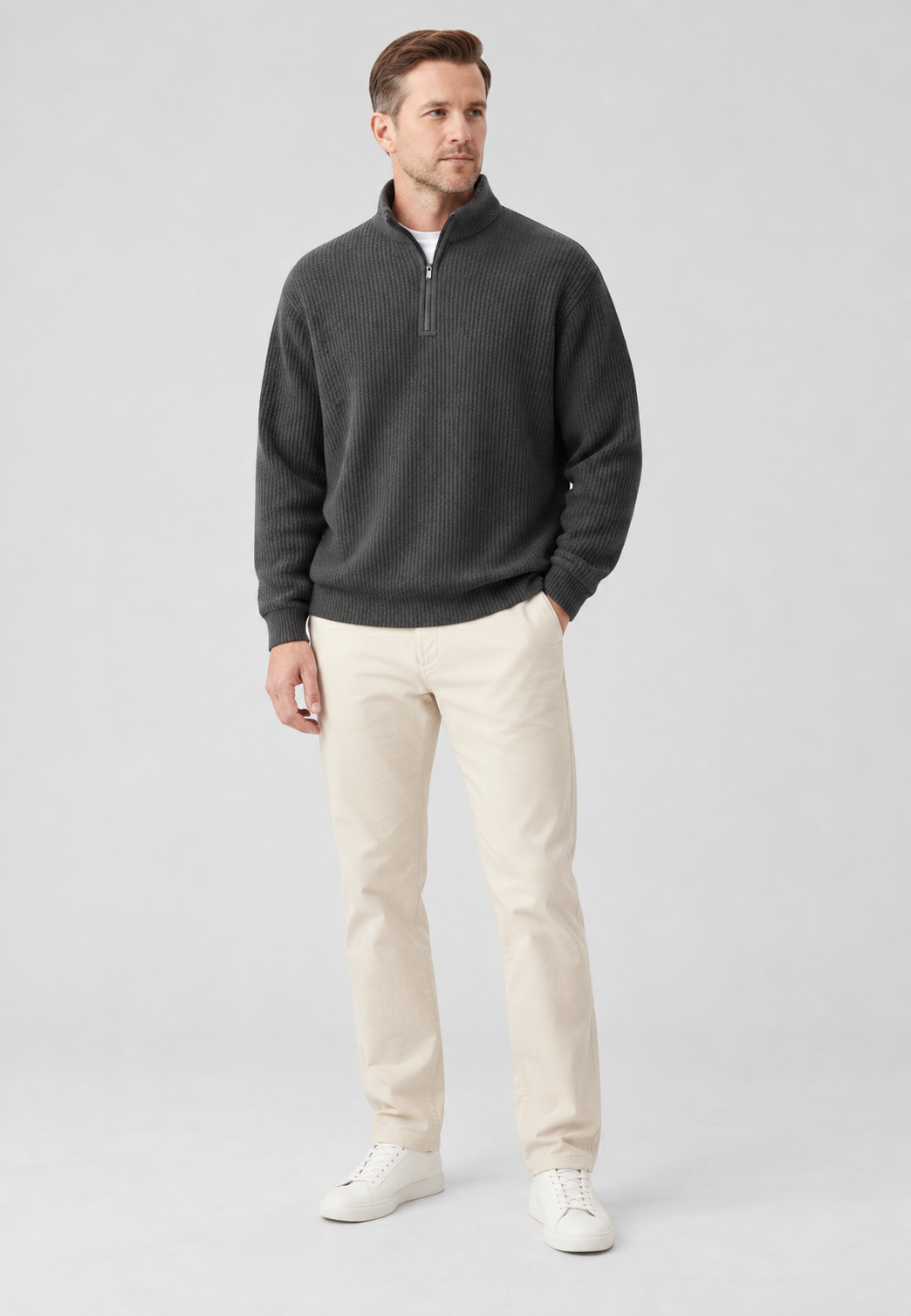 Pull homme à demi-fermeture éclair, col montant et maille côtelée - Elio