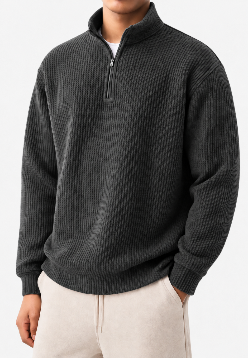 Pull homme à demi-fermeture éclair, col montant et maille côtelée - Elio