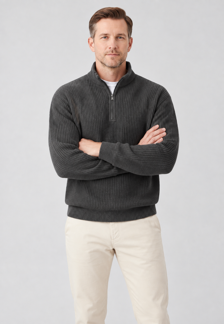 Pull homme à demi-fermeture éclair, col montant et maille côtelée - Elio