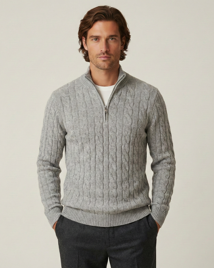 Pull homme à demi-fermeture éclair, col montant, maille torsadée - Moritz