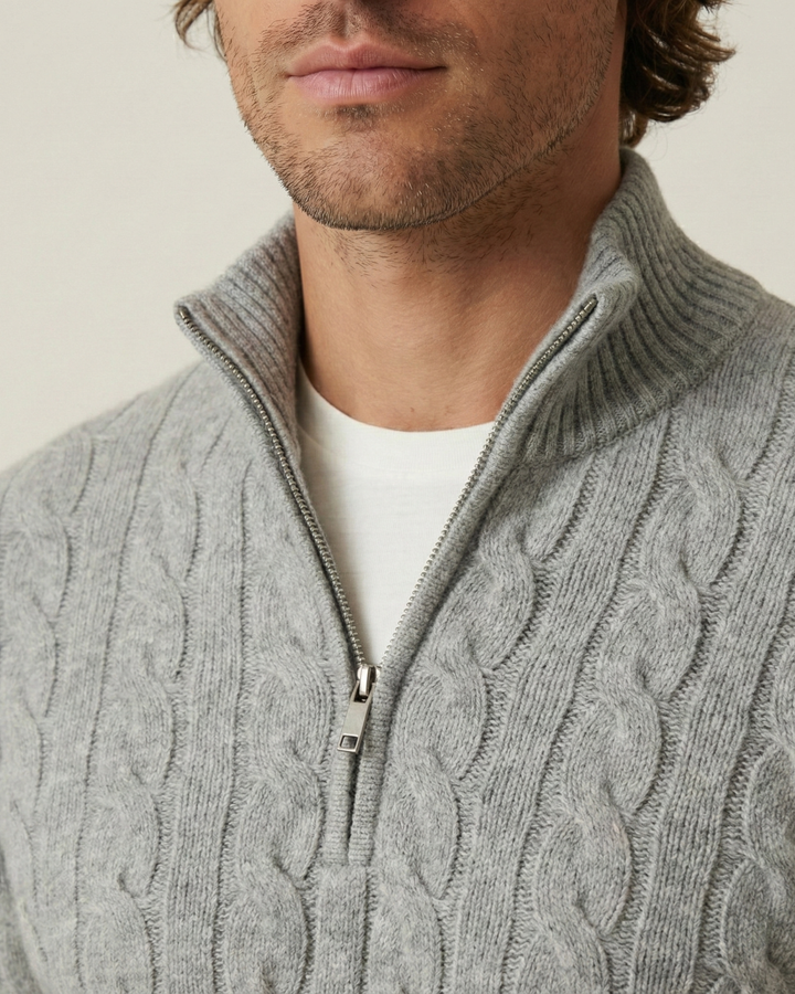 Pull homme à demi-fermeture éclair, col montant, maille torsadée - Moritz